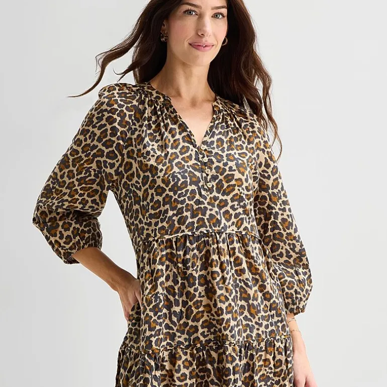 St. John's Bay Womens Split Crew Neck Long Sleeve Animal A-Line Dress