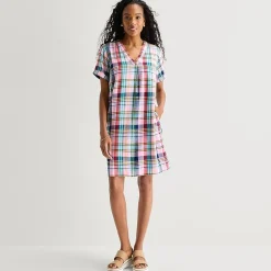 St. John's Bay Womens V Neck Short Sleeve Plaid Shift Dress