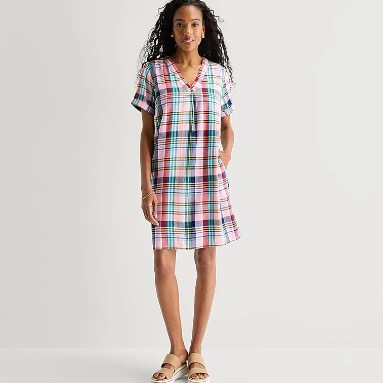 St. John's Bay Womens V Neck Short Sleeve Plaid Shift Dress