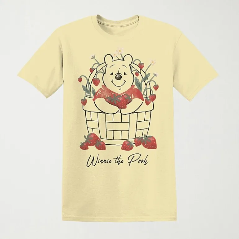 Strawberry Basket Womens Juniors Crew Neck Short Sleeve Loose Fit Winnie The Pooh Graphic T-Shirt