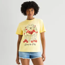 Strawberry Basket Womens Juniors Crew Neck Short Sleeve Loose Fit Winnie The Pooh Graphic T-Shirt