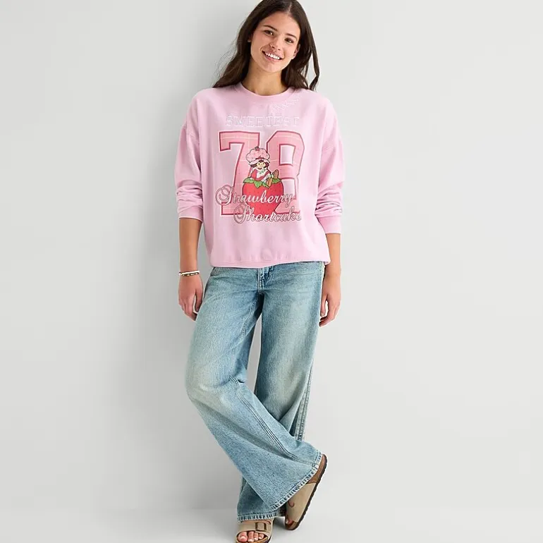Strawberry Shortcake Crew Fleece Womens Juniors Crew Neck Long Sleeve Embroidered Strawberry Shortcake Sweatshirt