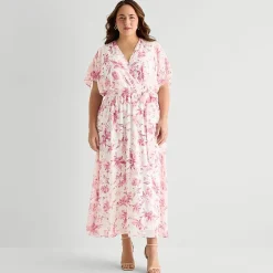 Studio 1 Womens Plus V Neck Short Sleeve Kimono Maxi Dress