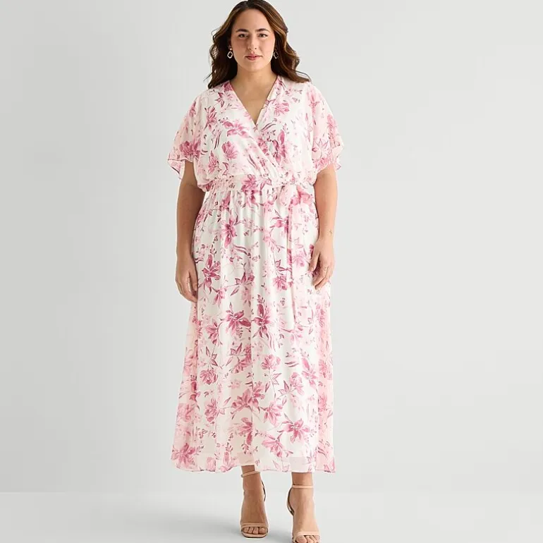 Studio 1 Womens Plus V Neck Short Sleeve Kimono Maxi Dress