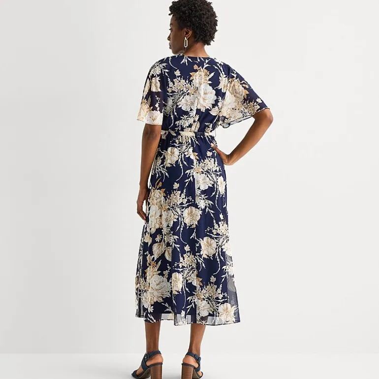Studio 1 Womens V Neck Short Sleeve Flutter Maxi Dress