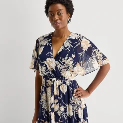 Studio 1 Womens V Neck Short Sleeve Flutter Maxi Dress