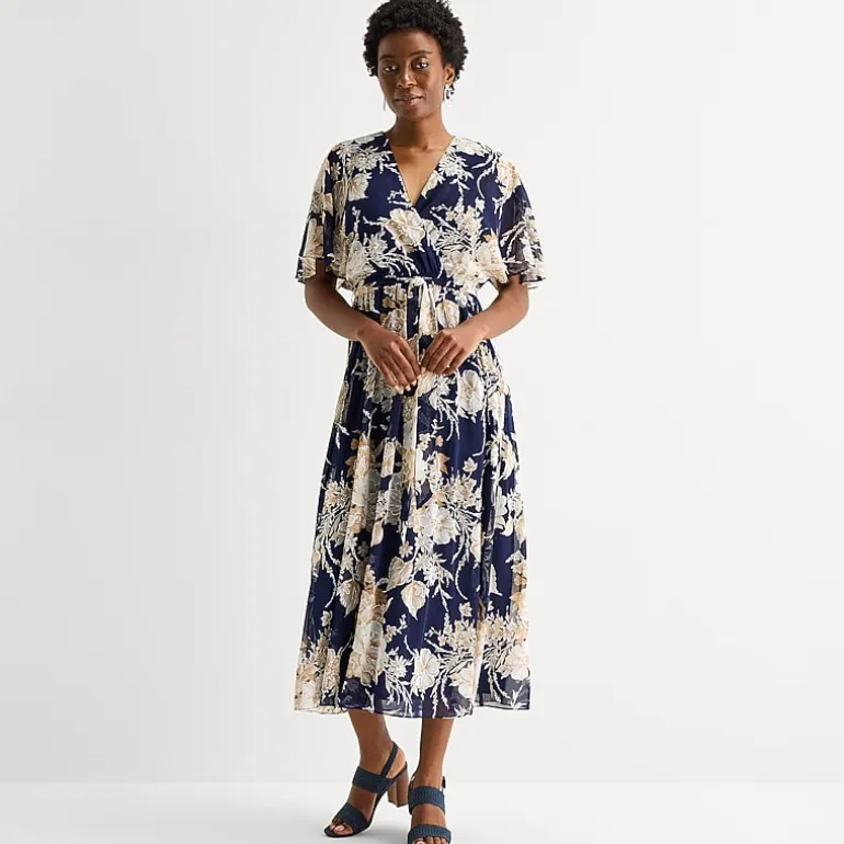 Studio 1 Womens V Neck Short Sleeve Flutter Maxi Dress