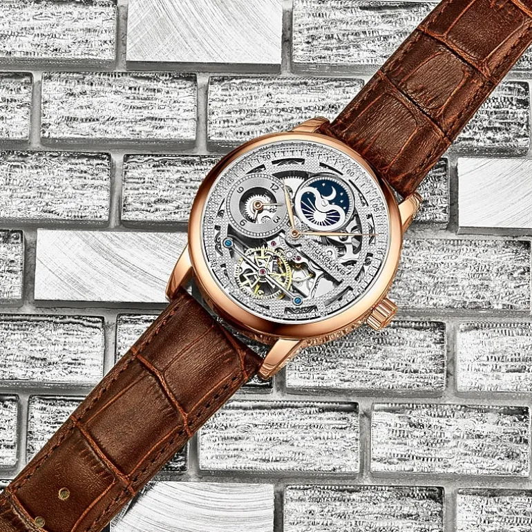 Stuhrling Mens Automatic Brown Leather Strap Watch 3917 3