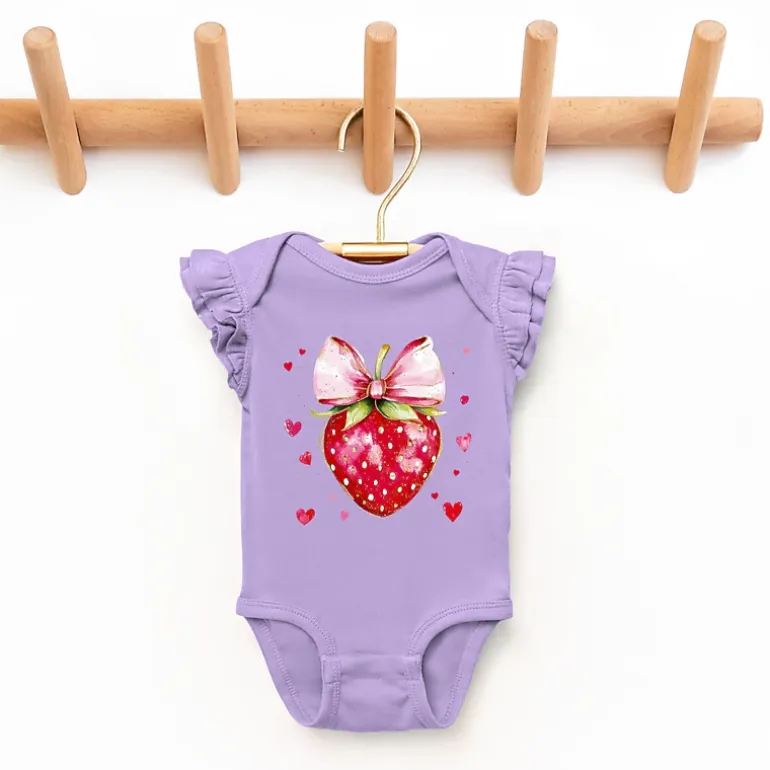 The Juniper Shop - Coquette Strawberry Hearts Watercolor - Baby Flutter Sleeve Bodysuit