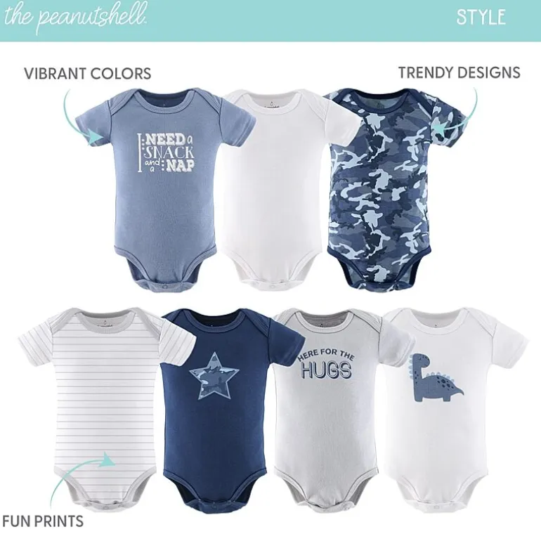 The Peanutshell Blue Camo Baby Boys Round Neck Short Sleeve 7-pc. Bodysuit