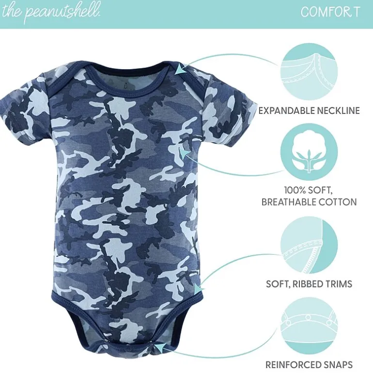 The Peanutshell Blue Camo Baby Boys Round Neck Short Sleeve 7-pc. Bodysuit