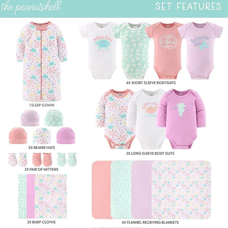 The Peanutshell 0-3m Ocean Flower Baby Girls 23-pc. Baby Clothing Set