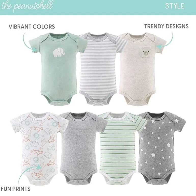The Peanutshell Neutral Safari Baby Unisex Round Neck Short Sleeve 7-pc. Bodysuit
