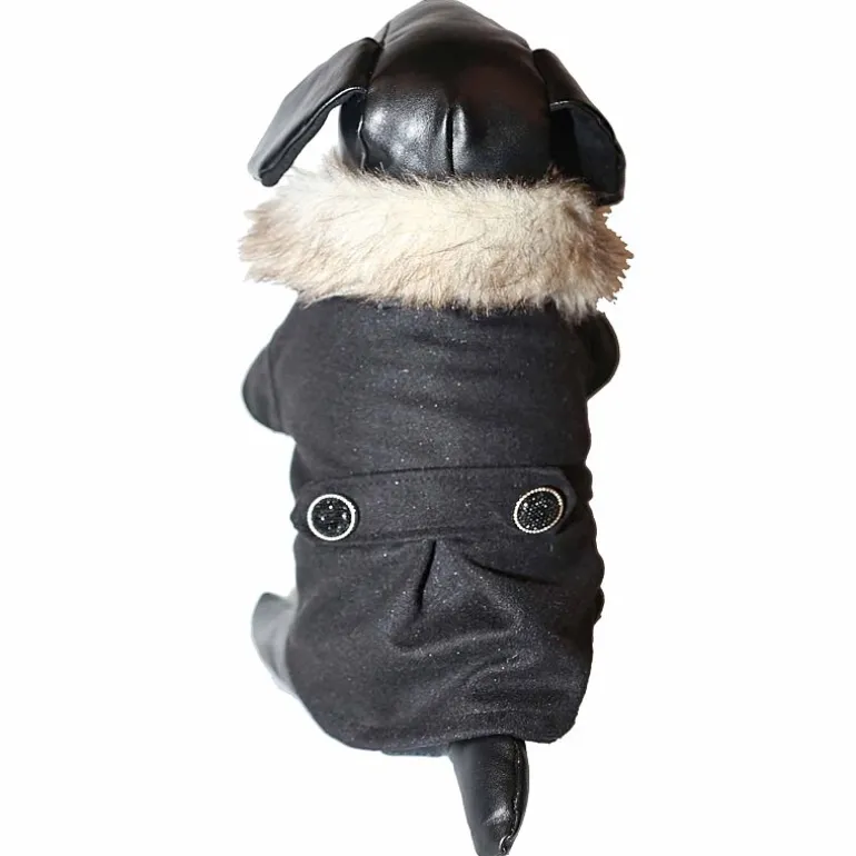 The Pet Life Buttoned 'Coast-Guard' Fashion Faux-Fur Collared Wool Pet Coat