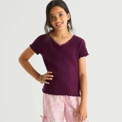 Thereabouts Little & Big Kid Girls V Neck Short Sleeve Lace Trim T-Shirt