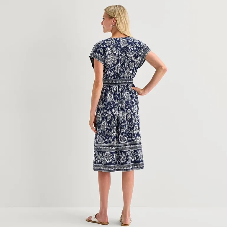 5th + Madison Edit Womens Petite Midi V Neck Sleeveless Cuffed Abstract Fit + Flare Dress