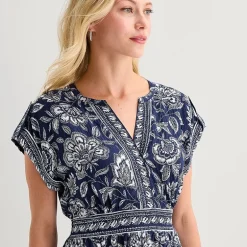 5th + Madison Edit Womens Petite Midi V Neck Sleeveless Cuffed Abstract Fit + Flare Dress