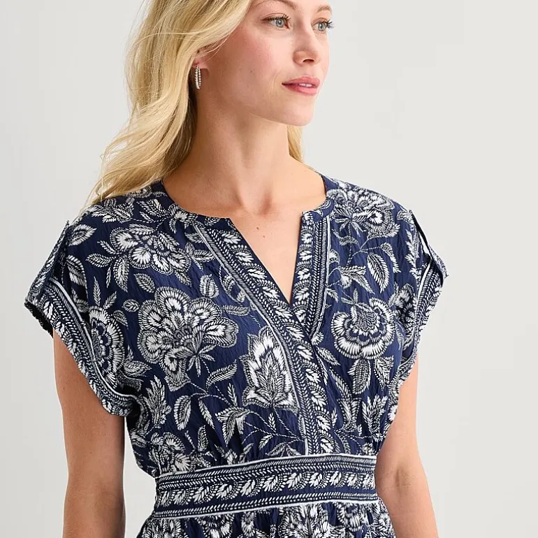 5th + Madison Edit Womens Petite Midi V Neck Sleeveless Cuffed Abstract Fit + Flare Dress