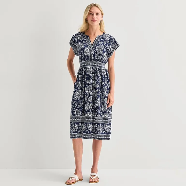 5th + Madison Edit Womens Petite Midi V Neck Sleeveless Cuffed Abstract Fit + Flare Dress