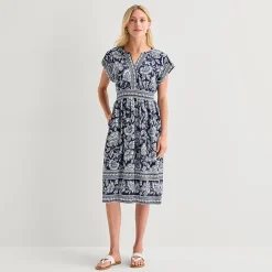 5th + Madison Edit Womens Petite Midi V Neck Sleeveless Cuffed Abstract Fit + Flare Dress