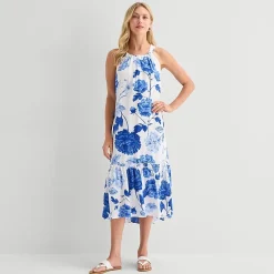 5th + Madison Edit Womens Petite Midi Round Neck Sleeveless Floral Fit + Flare Dress