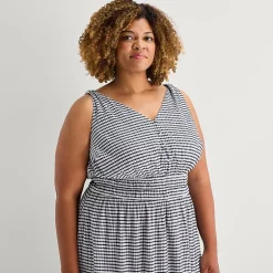 5th + Madison Edit Womens Plus Midi V Neck Sleeveless Plaid Fit + Flare Dress