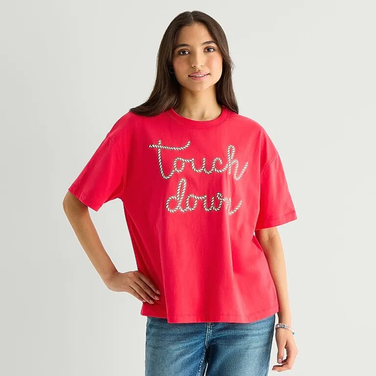 Touch Down Cropped Tee Womens Juniors Crew Neck Short Sleeve Regular Fit Graphic T-Shirt