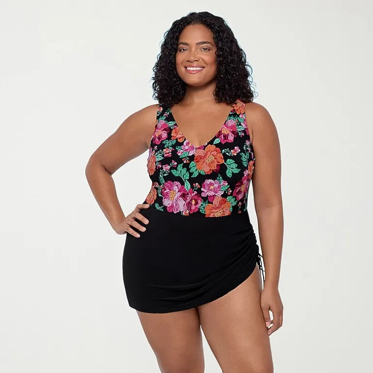 Trimshaper Womens Floral Plus Swim Dress