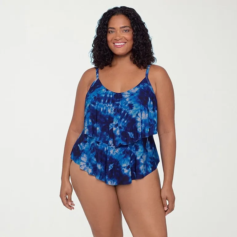 Trimshaper Womens Tie-Dye Plus Tankini Swimsuit Top