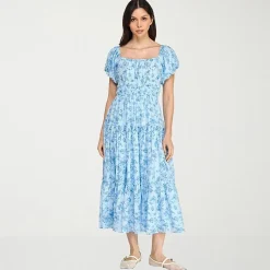 Trixxi Womens Juniors Midi Square Neck Short Sleeve Floral A-Line Dress