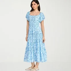 Trixxi Womens Juniors Midi Square Neck Short Sleeve Floral A-Line Dress