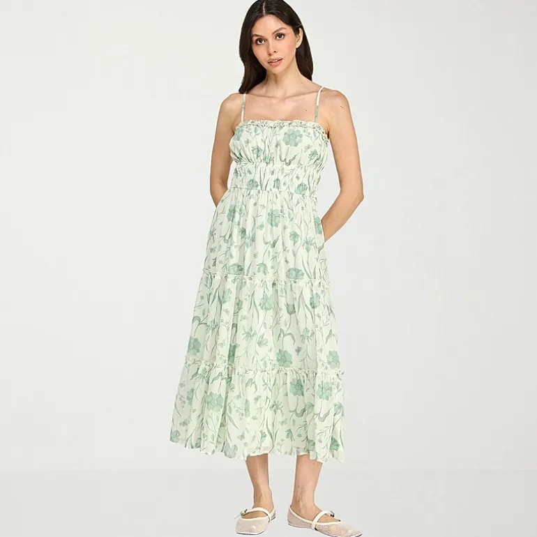 Trixxi Womens Juniors Midi Square Neck Sleeveless Floral A-Line Dress