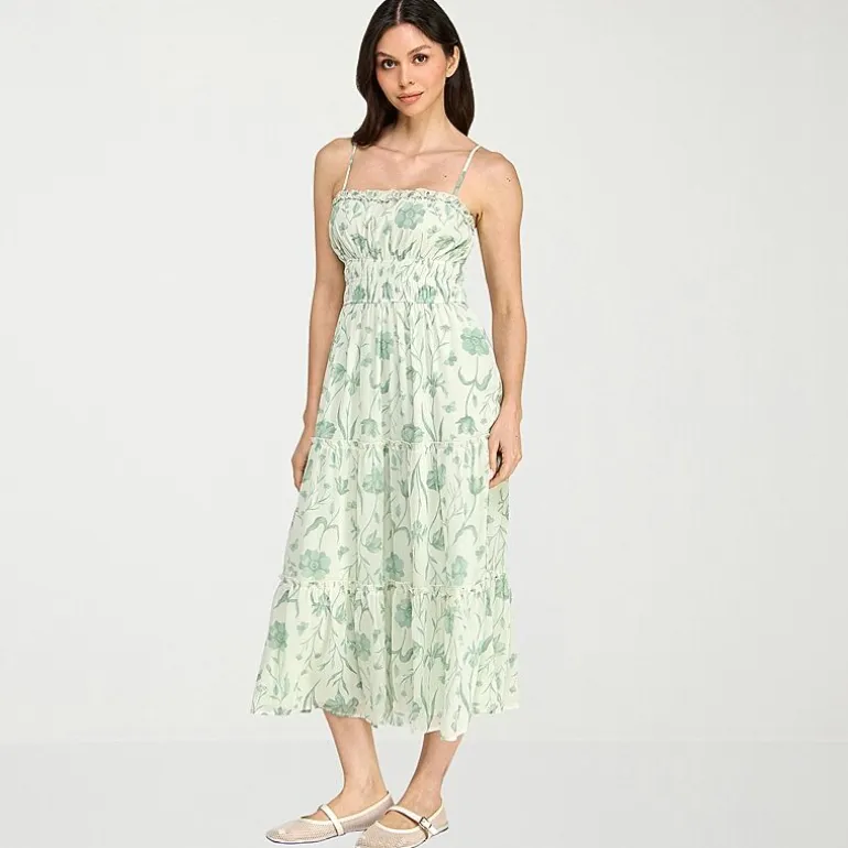 Trixxi Womens Juniors Midi Square Neck Sleeveless Floral A-Line Dress