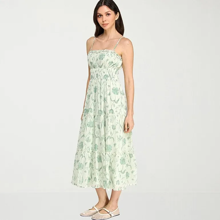 Trixxi Womens Juniors Midi Square Neck Sleeveless Floral A-Line Dress