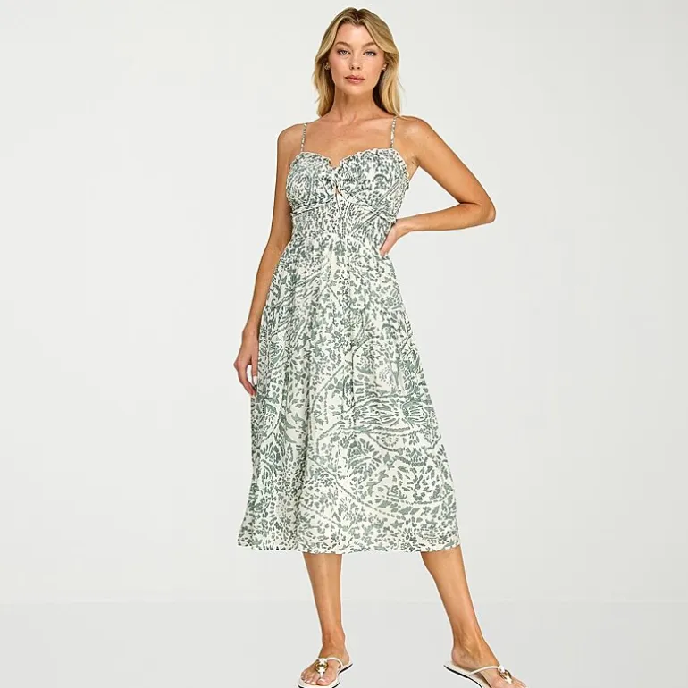 Trixxi Womens Juniors Midi Sweetheart Neck Sleeveless Leaf A-Line Dress