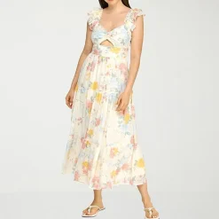 Trixxi Womens Juniors Midi Sweetheart Neck Short Sleeve Floral A-Line Dress