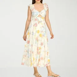 Trixxi Womens Juniors Midi Sweetheart Neck Short Sleeve Floral A-Line Dress