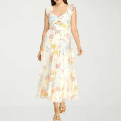 Trixxi Womens Juniors Midi Sweetheart Neck Short Sleeve Floral A-Line Dress