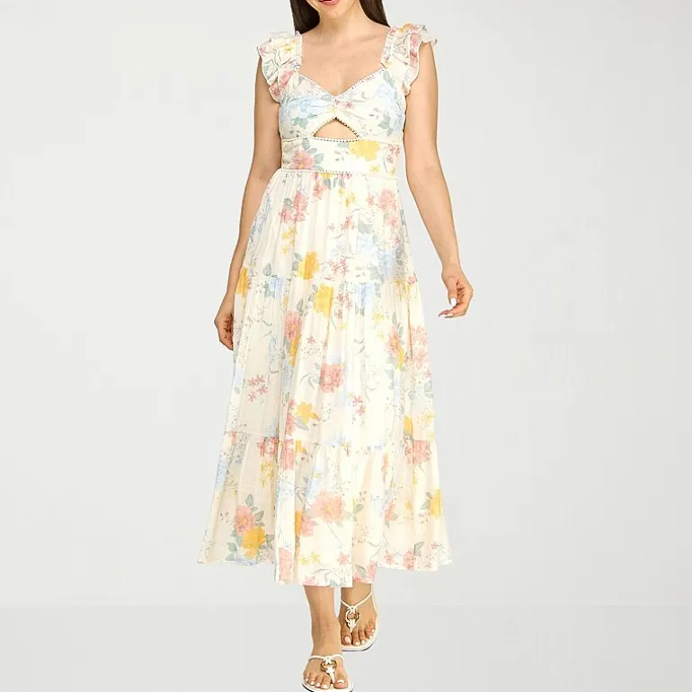 Trixxi Womens Juniors Midi Sweetheart Neck Short Sleeve Floral A-Line Dress