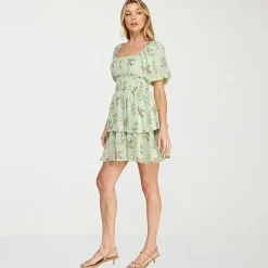Trixxi Womens Juniors Straight Neck Short Sleeve Puffed Floral Fit + Flare Dress
