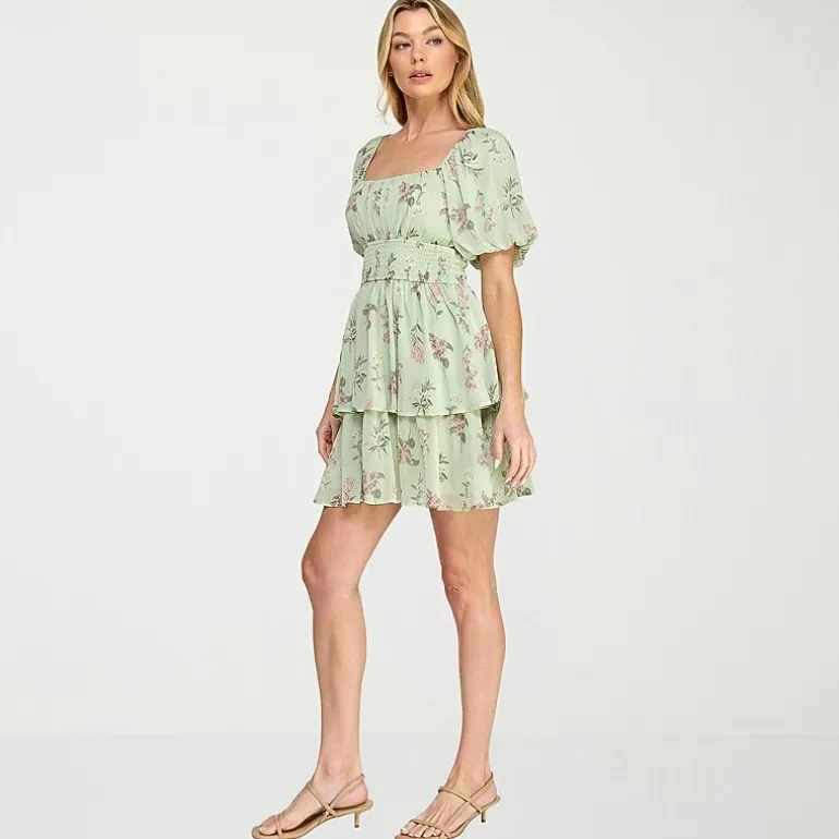 Trixxi Womens Juniors Straight Neck Short Sleeve Puffed Floral Fit + Flare Dress