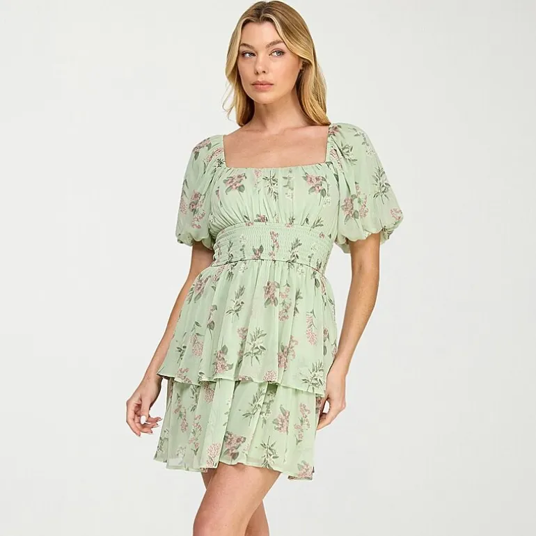 Trixxi Womens Juniors Straight Neck Short Sleeve Puffed Floral Fit + Flare Dress