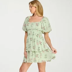 Trixxi Womens Juniors Straight Neck Short Sleeve Puffed Floral Fit + Flare Dress