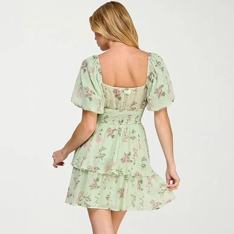 Trixxi Womens Juniors Straight Neck Short Sleeve Puffed Floral Fit + Flare Dress