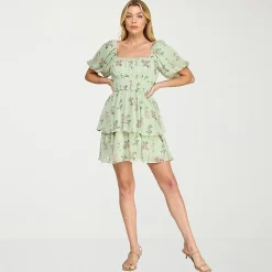 Trixxi Womens Juniors Straight Neck Short Sleeve Puffed Floral Fit + Flare Dress