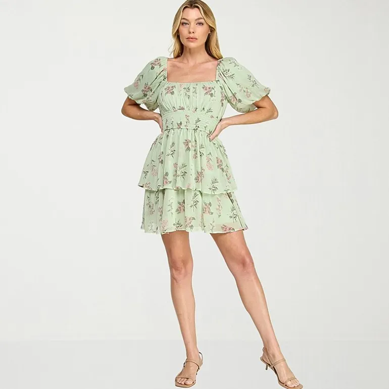 Trixxi Womens Juniors Straight Neck Short Sleeve Puffed Floral Fit + Flare Dress