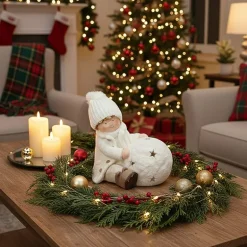 12.5'' White Christmas Snowball with Sitting Boy Tealight Candle Holder
