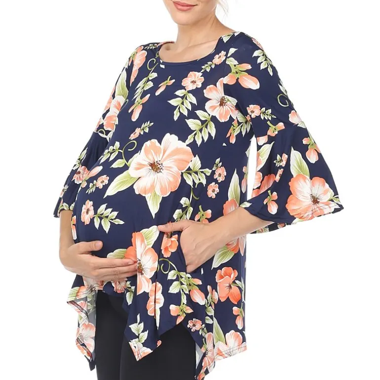 White Mark Maternity Womens Boat Neck 3/4 Sleeve Tunic Top