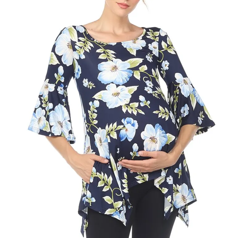 White Mark Maternity Womens Boat Neck 3/4 Sleeve Tunic Top