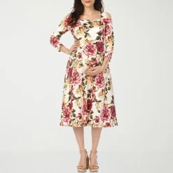 White Mark Maternity Womens Maternity Midi Scoop Neck 3/4 Sleeve Cold Shoulder Maxi Dress